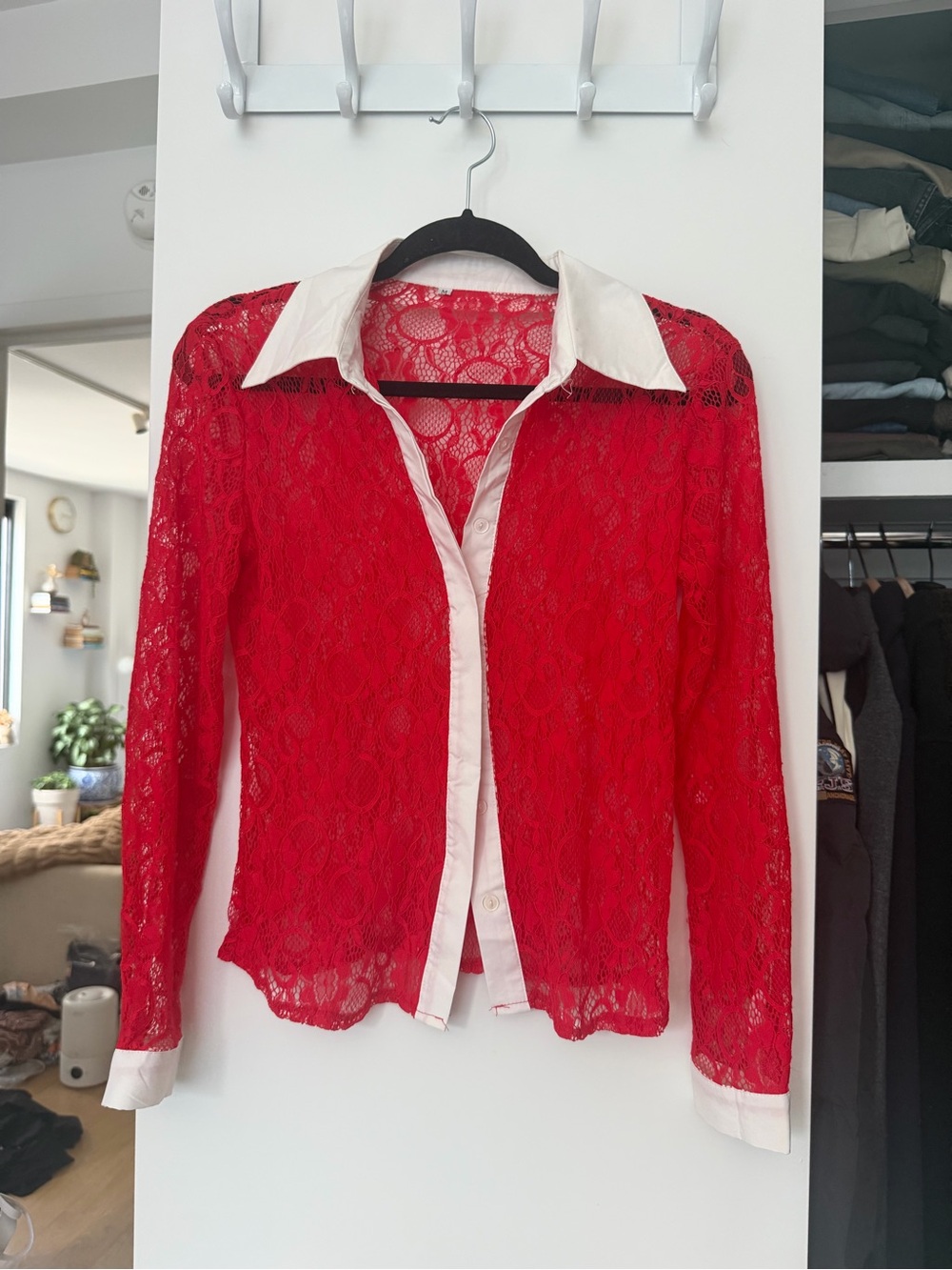 Women’s Red Lace Shirt with White Collar